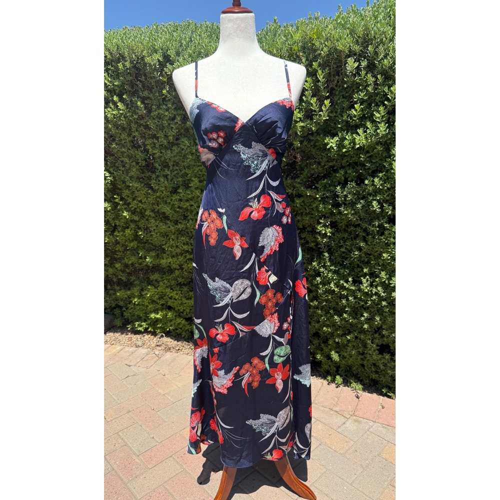 altic Born Navy Floral Satin Back Tie Midi Slip Dress High Slit Womens Medium